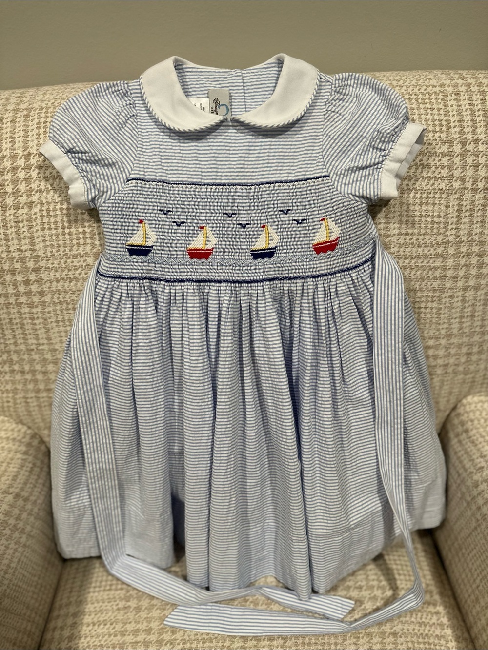 Pennymeade Smocked Sailboat Dress with Peter Pan Collar Coastal Girl Size 3 Year